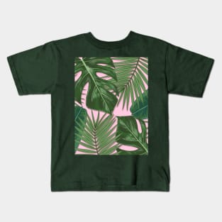 Monstera, Spider Palm, Tropical Leaves Print on Pink Kids T-Shirt